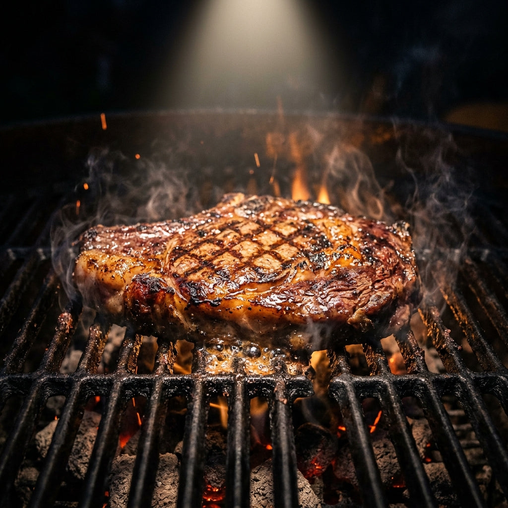 Focused front LED spotlight on steak